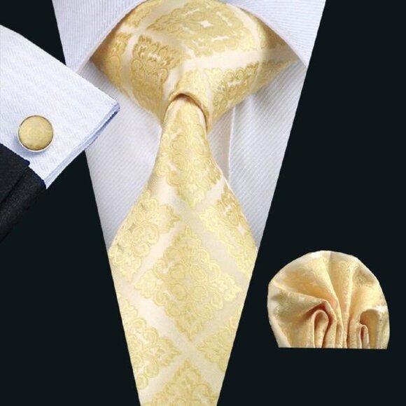 Beige Cream Champagne Damask 100% Woven Silk Tie Cufflink Hanky Set - Picture 1 of 2